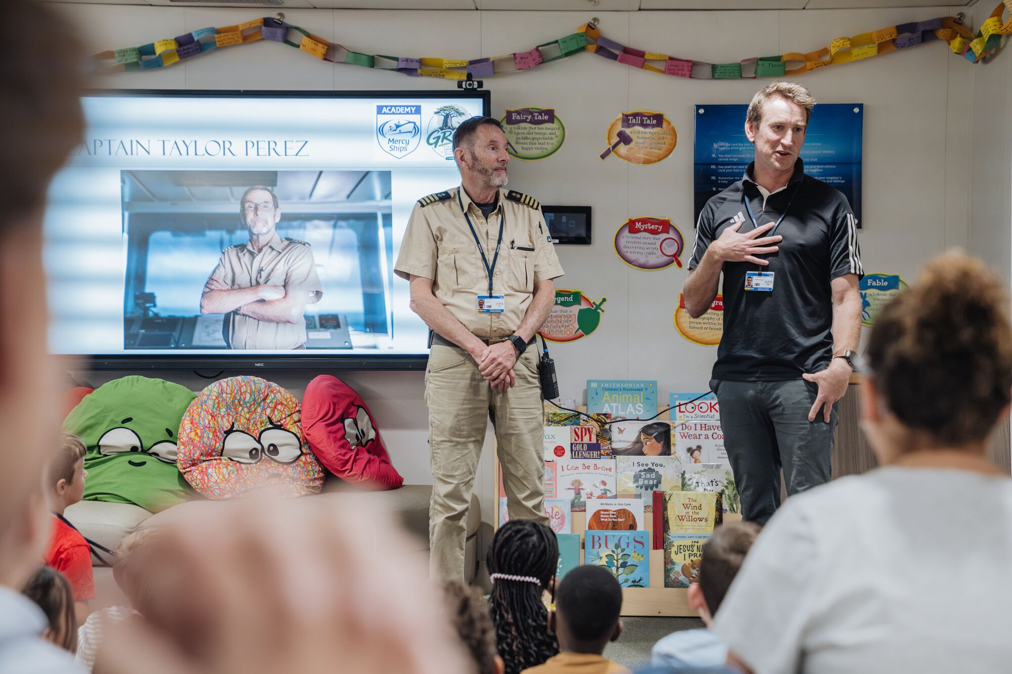One classroom, many nationalities. Students learn alongside children from around the world while sharing the unusual experience of calling a hospital ship home.
