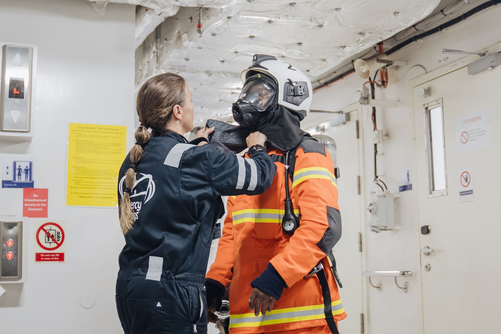 Lena's role extends beyond fire safety. During sailing, she has also joined the navigation watch and taken part in deck operations.