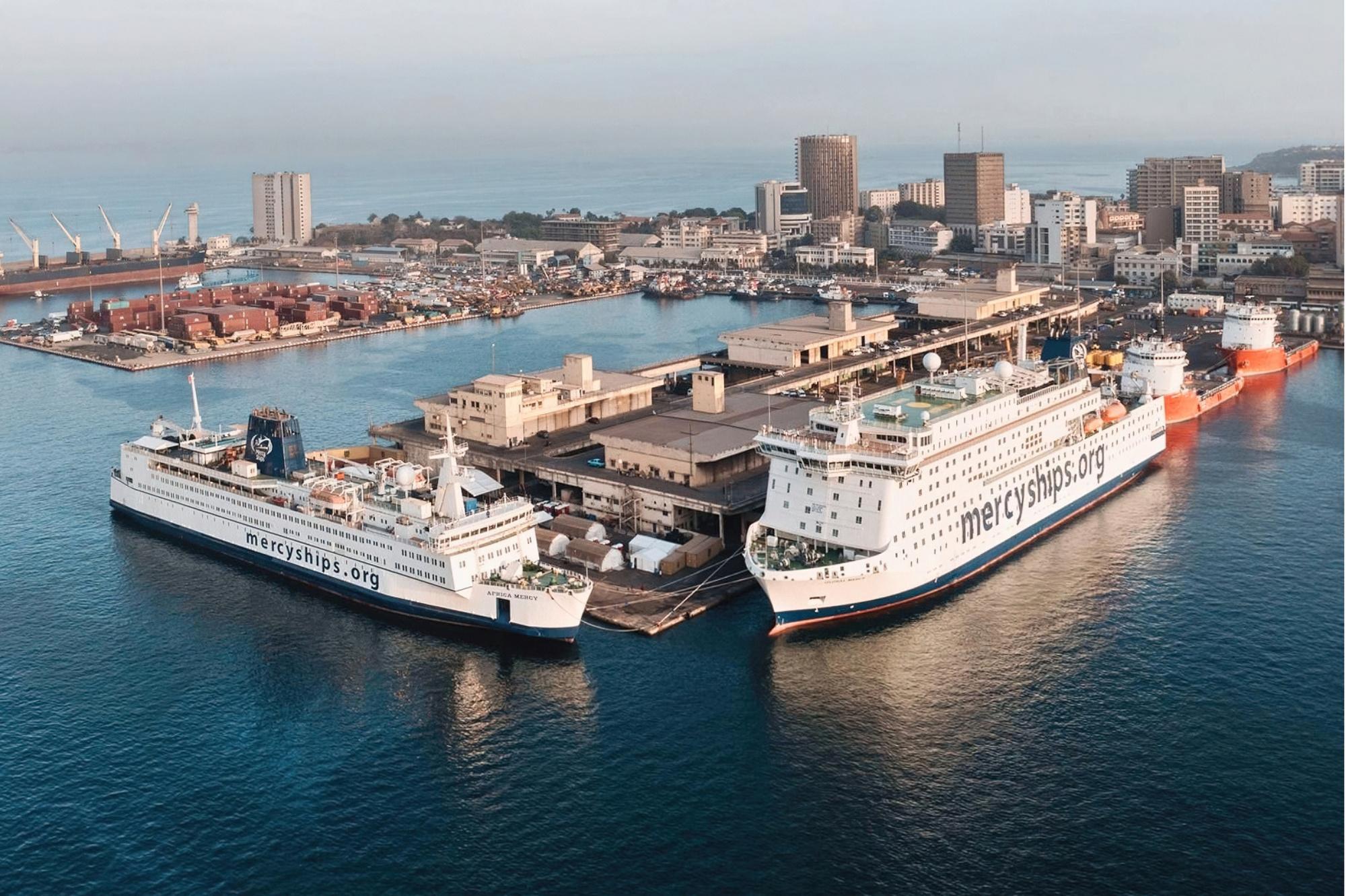 Sometimes the two ships in the Mercy Ships fleet meet to celebrate special occasions, as seen here in the port of Dakar, Senegal.