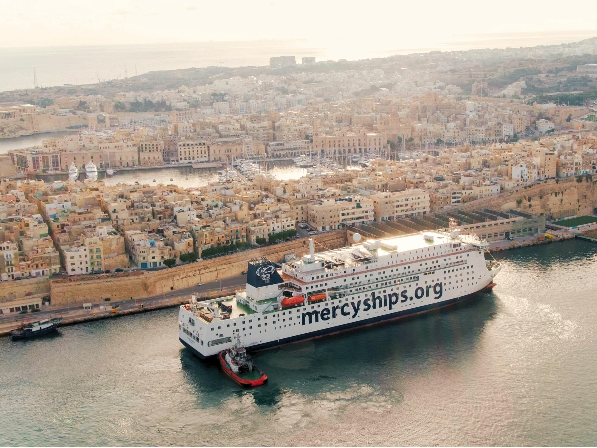 The Global Mercy, moored at its home port of Valletta, is the world's largest civilian hospital ship, designed to provide free surgical care and medical training to people in Africa.